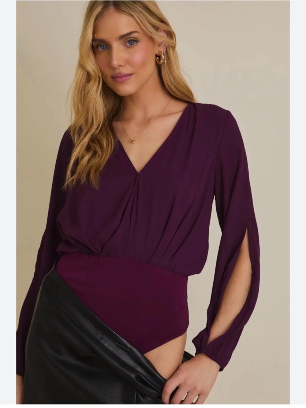Gilli surplus long sleeve slit body suit in eggplant womens size large nwt